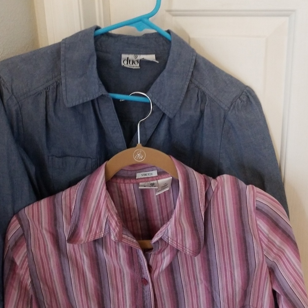 two cotton button duo maternity shirts